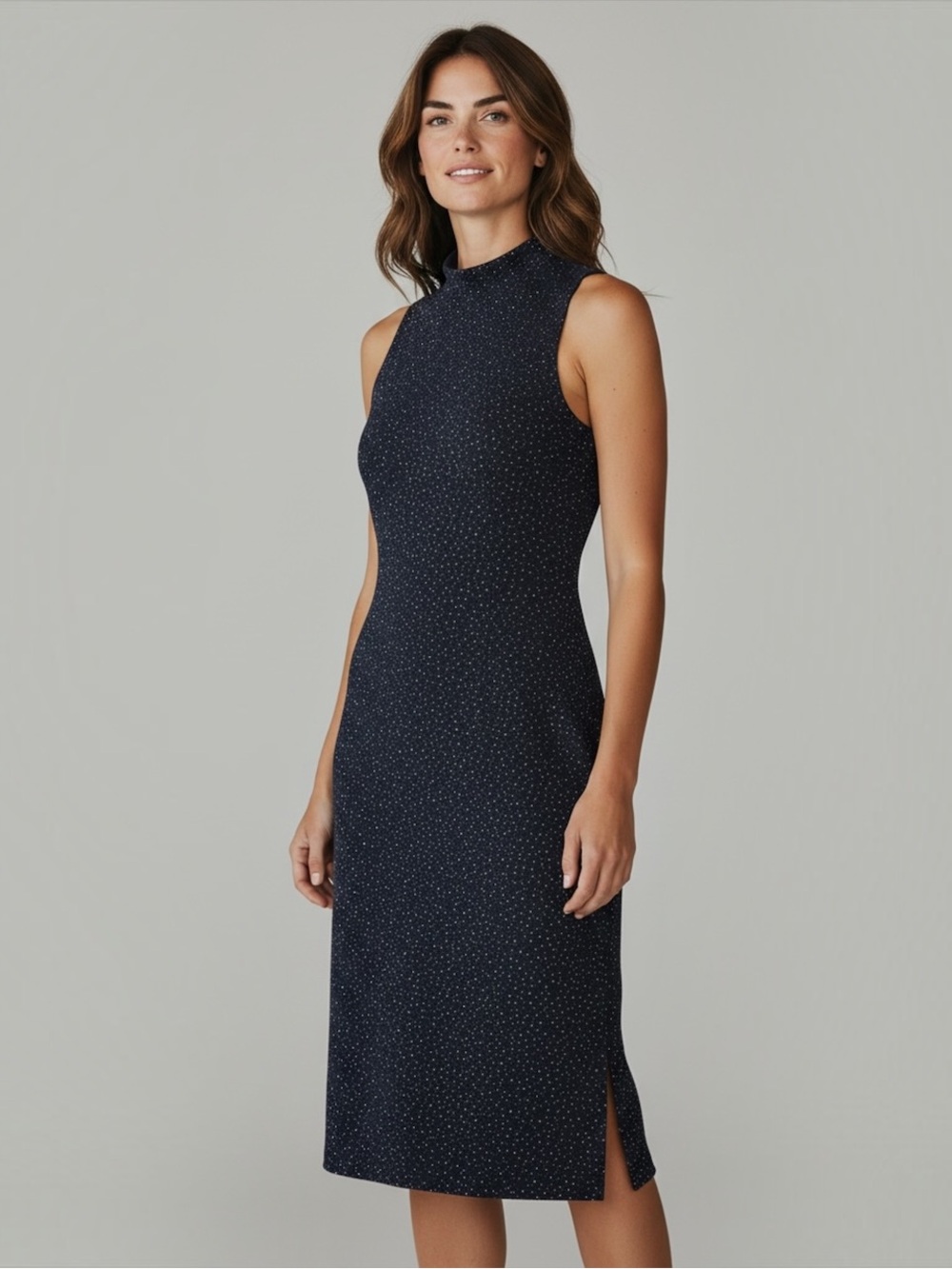 Vtg 90s DAVID WARREN NY Navy Sequin Textured Mock Neck Midi Dress Sz 12 Lg